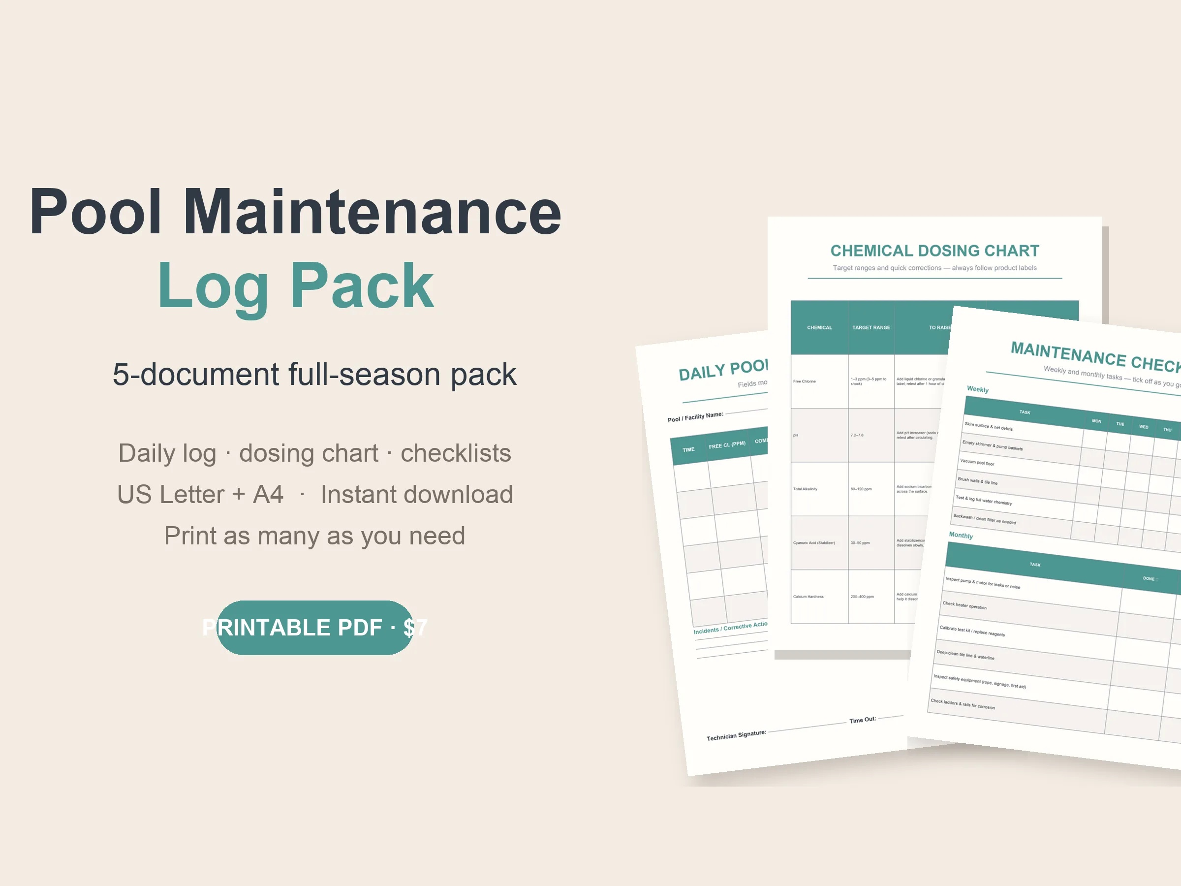 Daily pool maintenance log and full-season pack preview