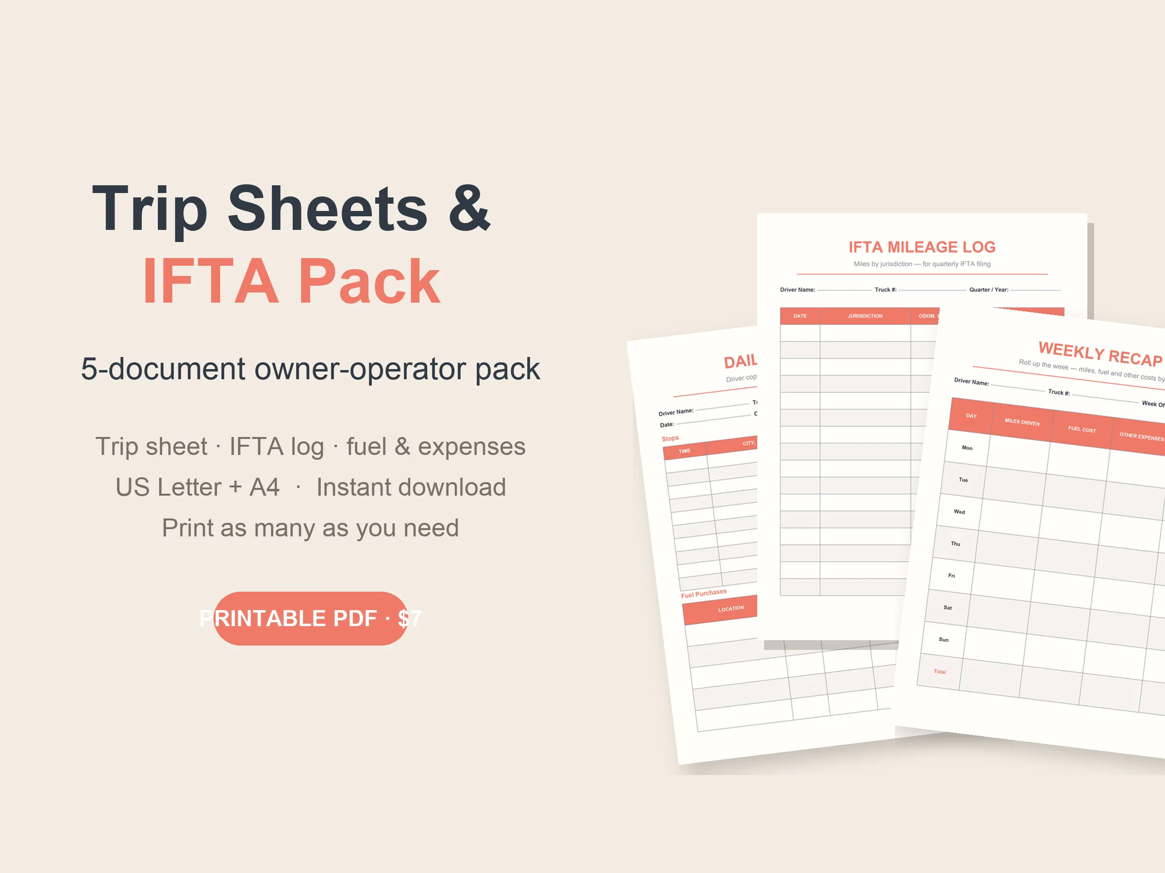 Daily trip sheets trucking log and IFTA pack preview