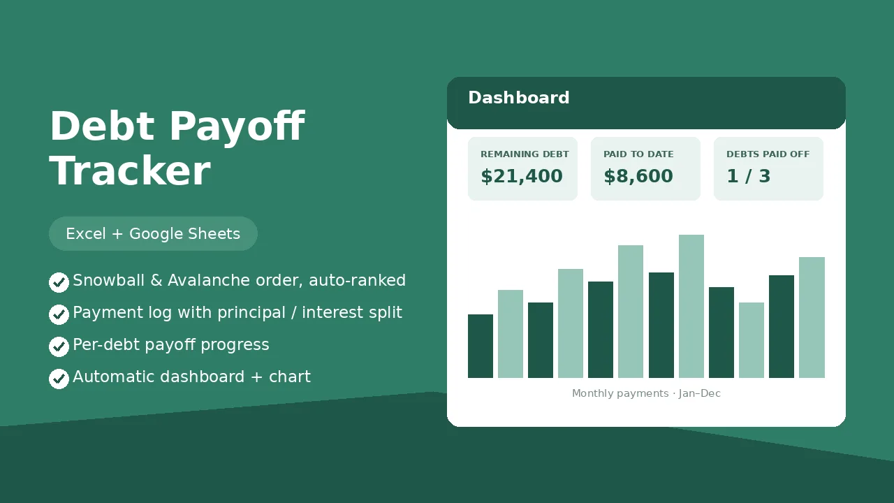 Debt Payoff Tracker dashboard preview with remaining debt, paid to date and debts paid off tiles