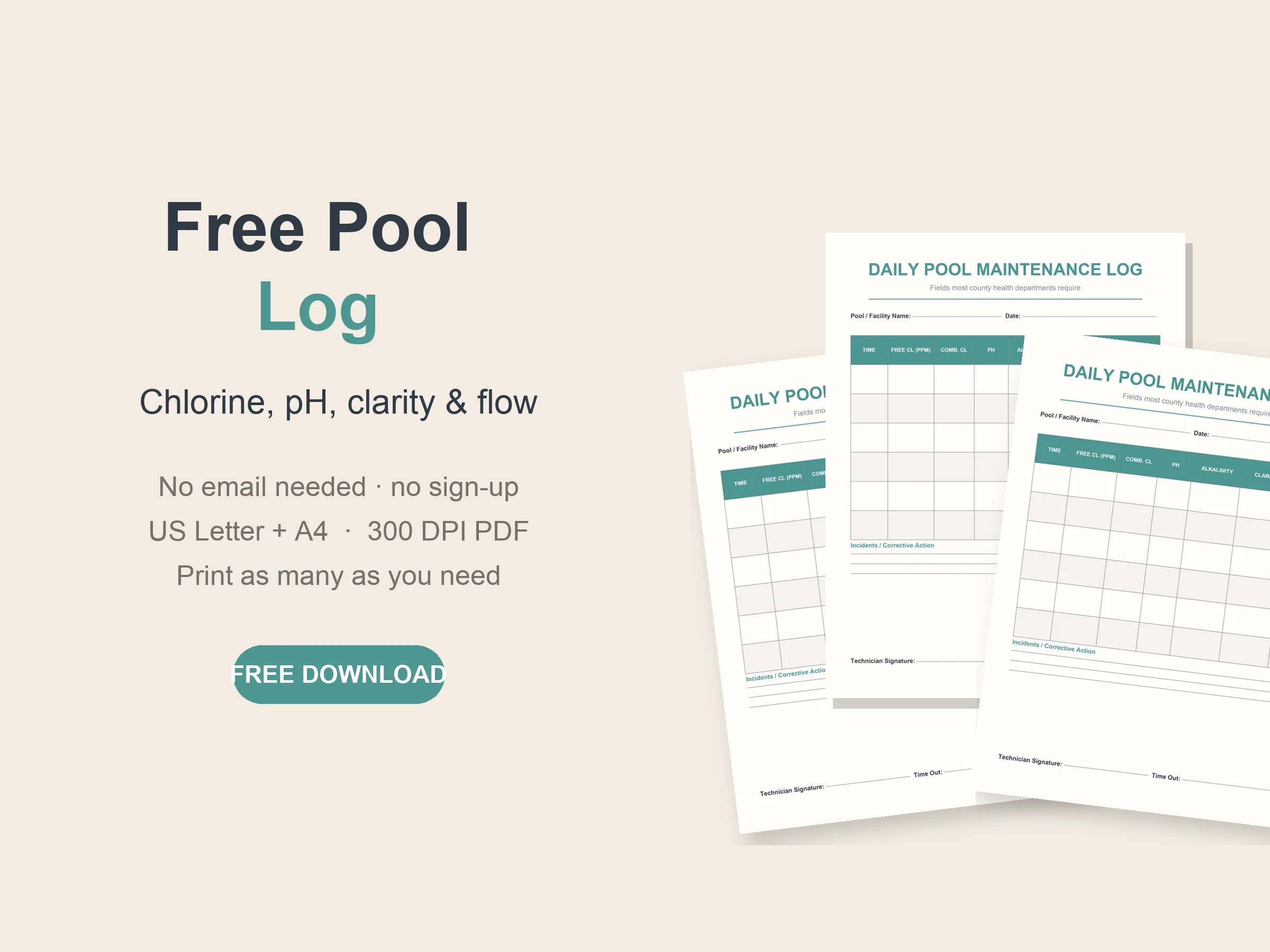 Free printable daily pool maintenance log with chlorine, pH, clarity and flow readings