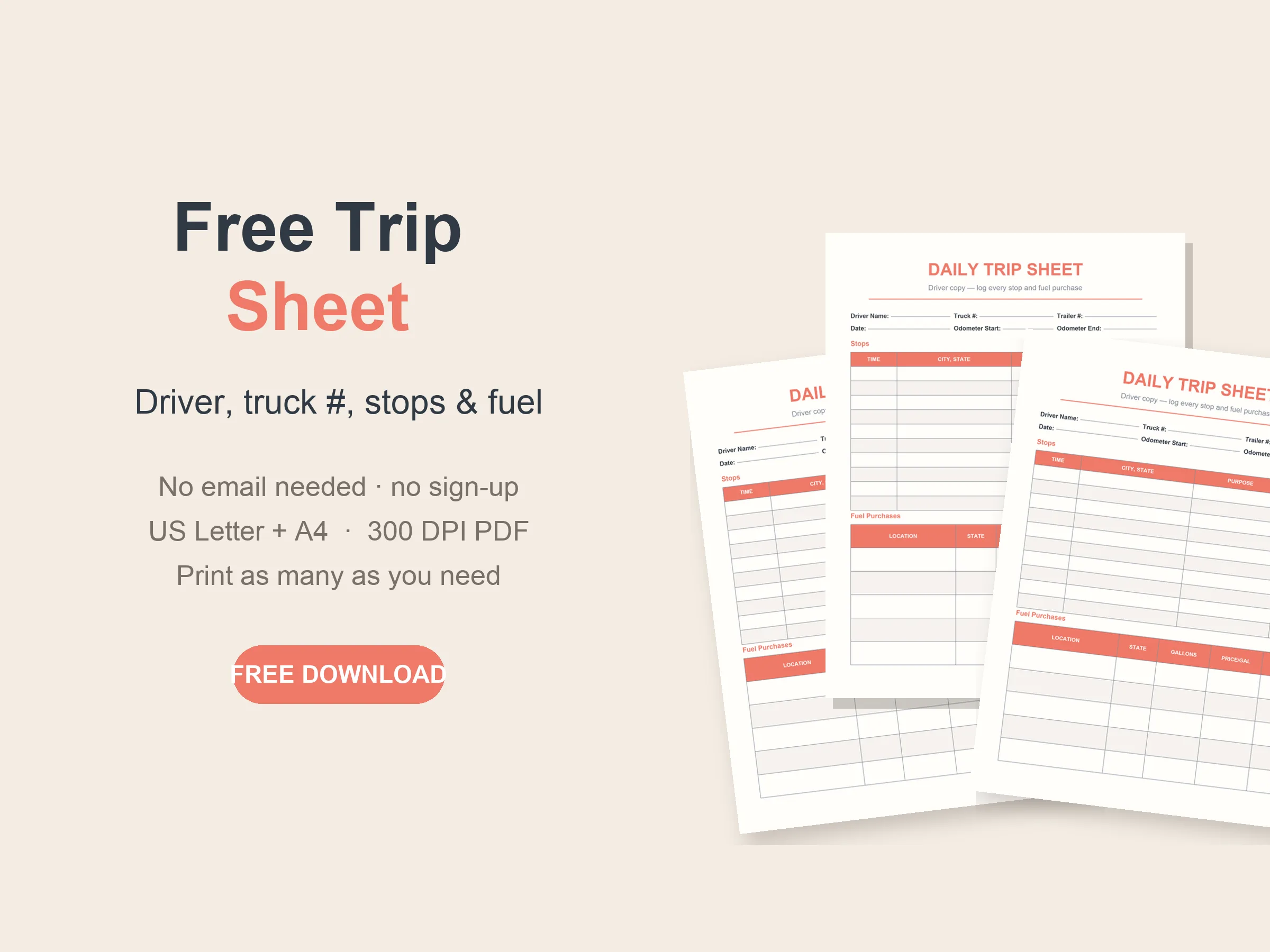 Free printable daily trip sheet for truckers with stops and fuel purchase tables