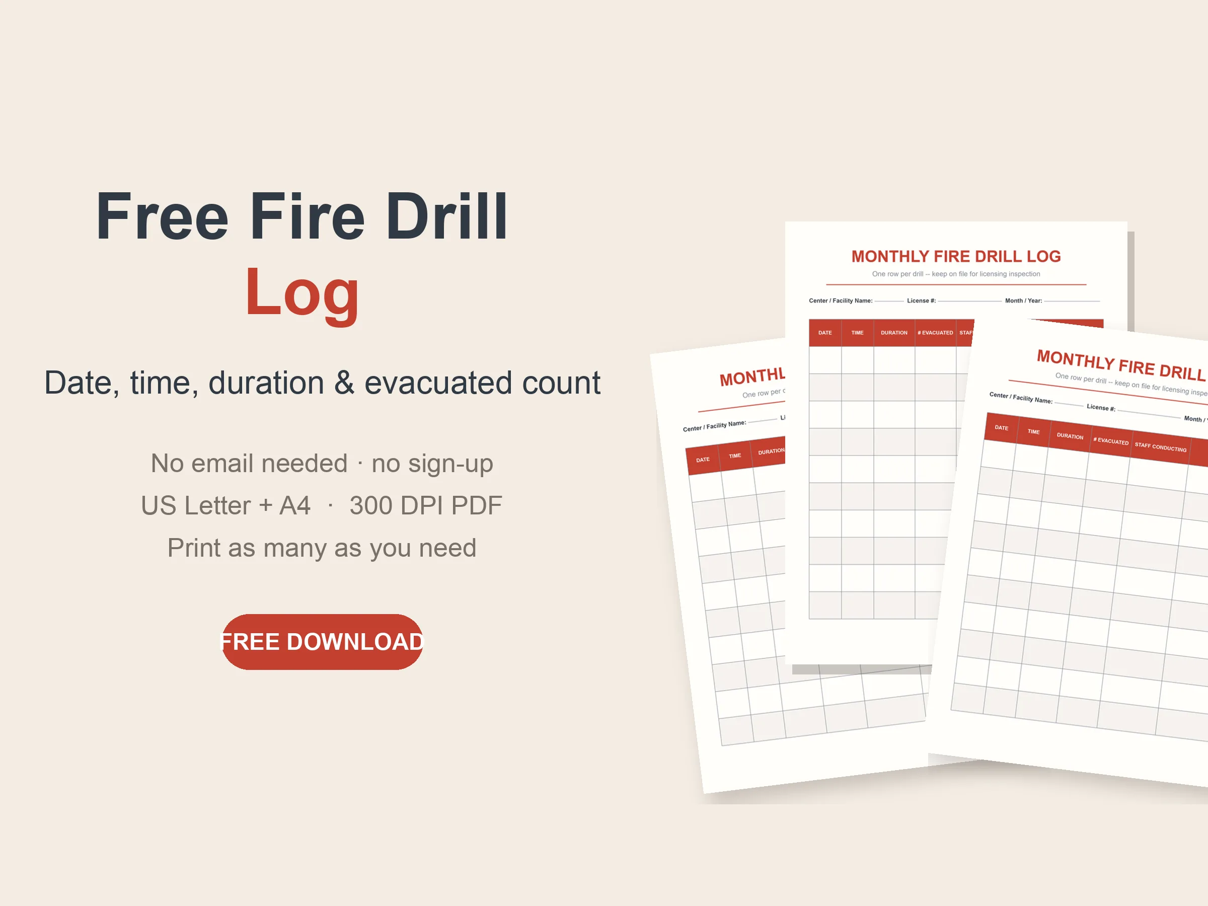 Free printable daycare fire drill log with date, time, duration and evacuated count columns