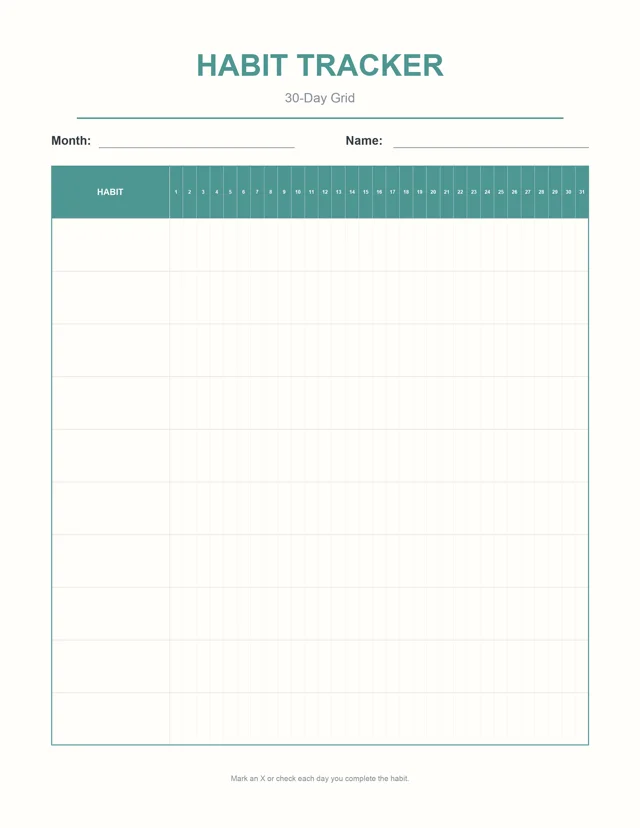 Free printable habit tracker PDF with a 30-day grid for up to 10 habits