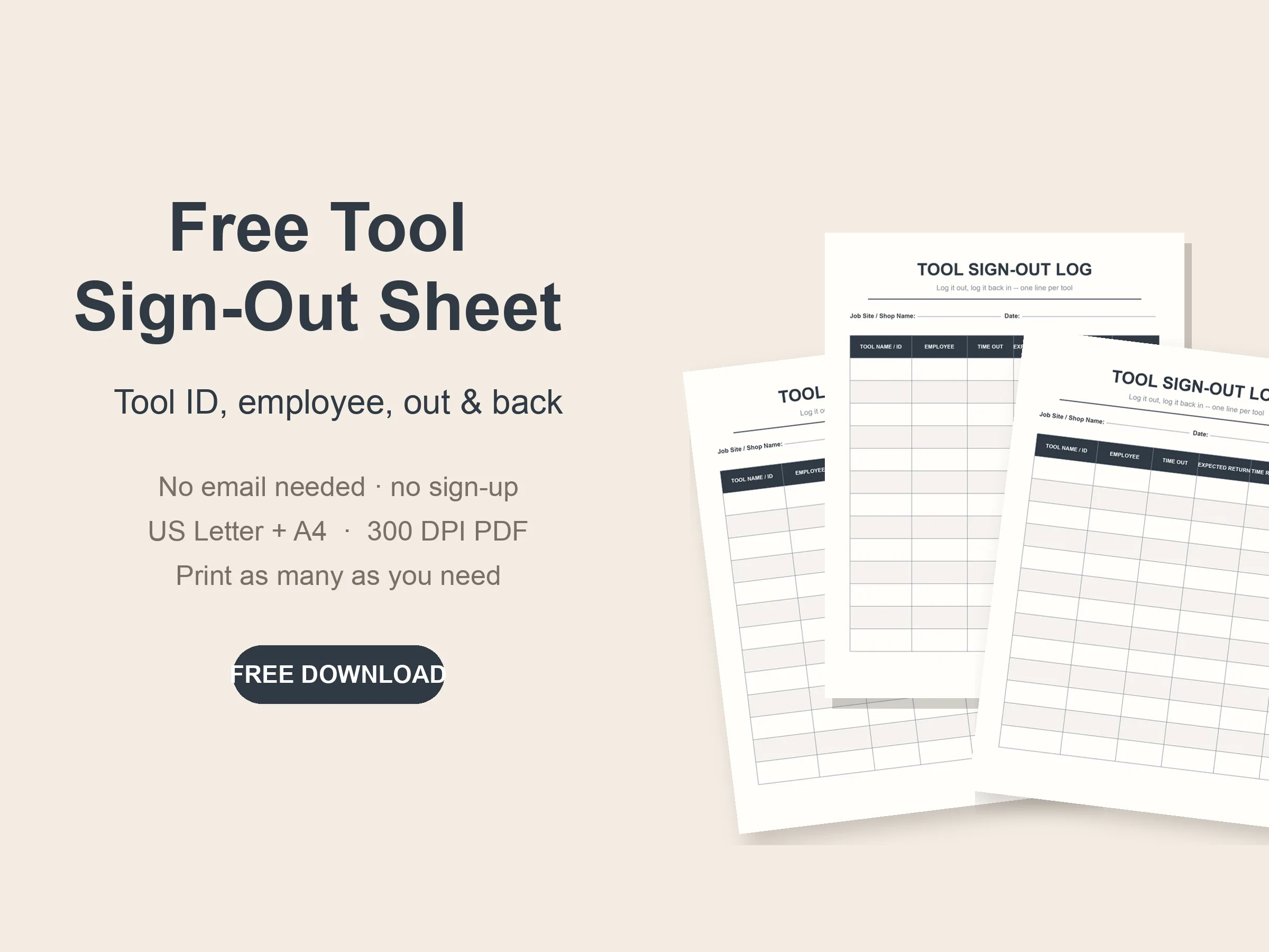 Free printable tool sign-out sheet with employee, time out and condition columns