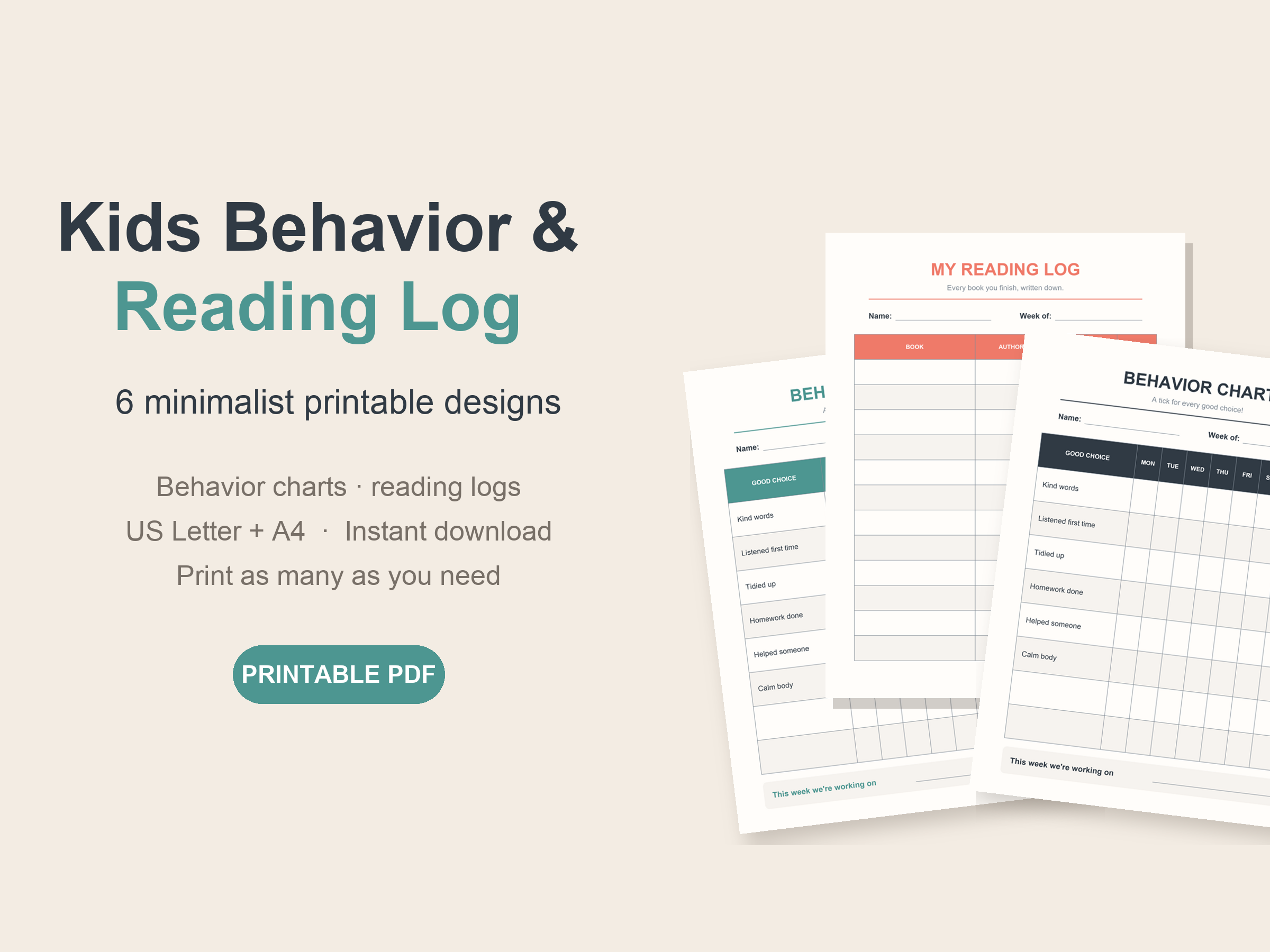 Printable behavior chart for kids and kids reading log printable, in coral, teal and black and white