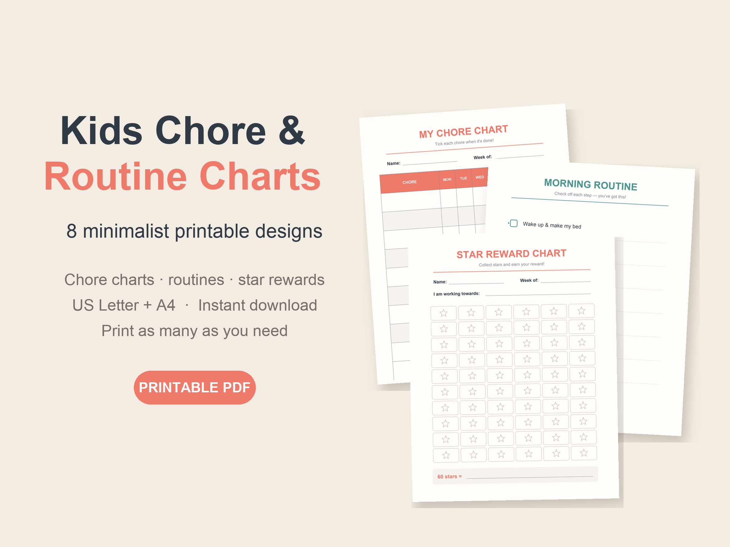 Minimalist kids chore chart, routine checklist and star reward chart printables