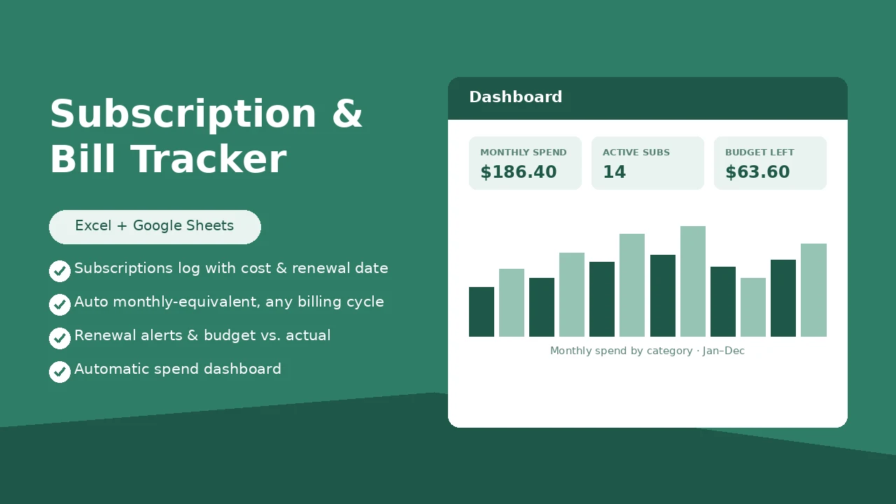 Subscription & Bill Tracker spreadsheet preview