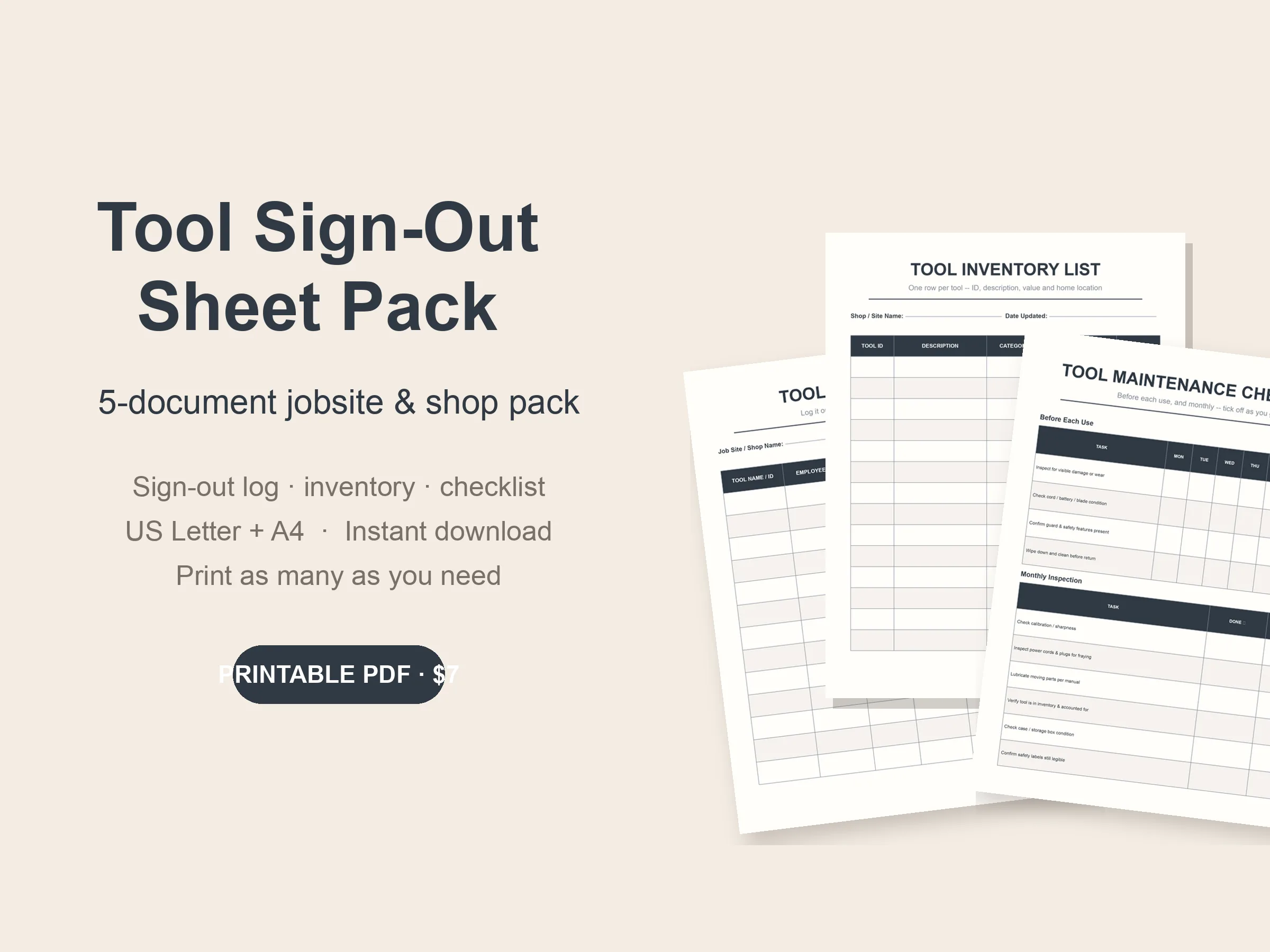 Tool sign-out sheet and tool-tracking pack preview